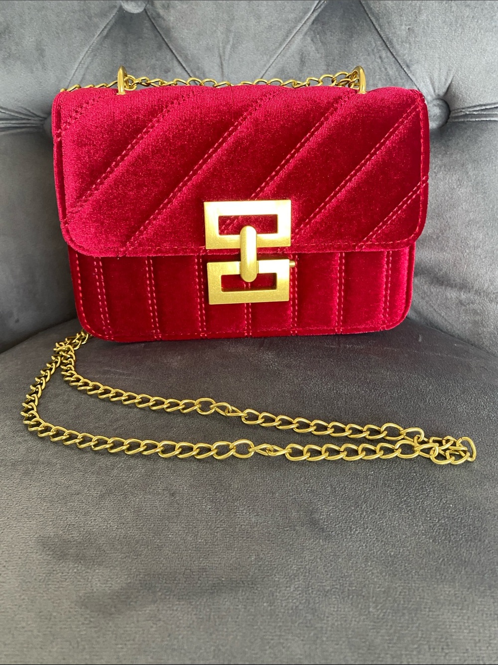 NWOT Red Velvet Crossbody Bag with Gold Chain